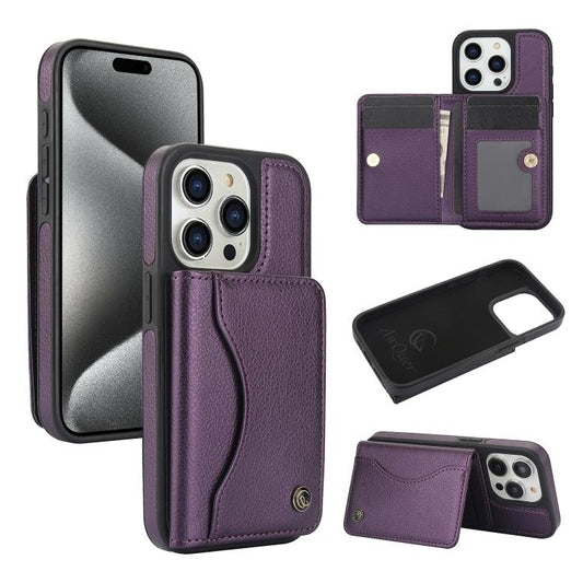 For iPhone 15 Pro AwQuer Horizontal Flip Card Bag Holder Leather Phone Case(Dark Purple)
