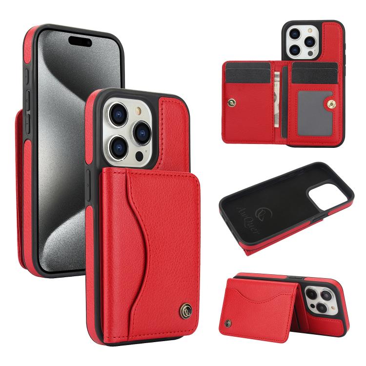 For iPhone 15 Pro AwQuer Horizontal Flip Card Bag Holder Leather Phone Case(Red)