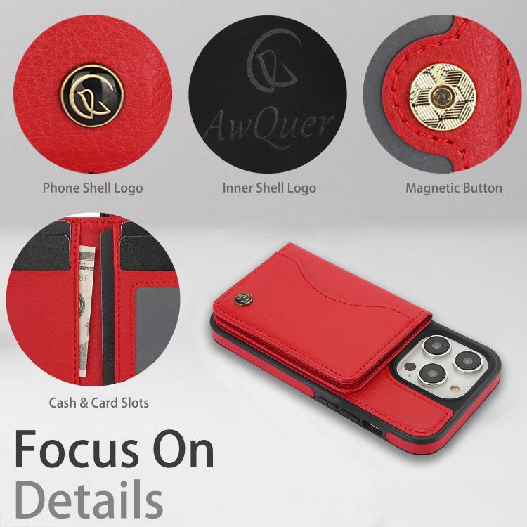 For iPhone 15 Pro AwQuer Horizontal Flip Card Bag Holder Leather Phone Case(Red)