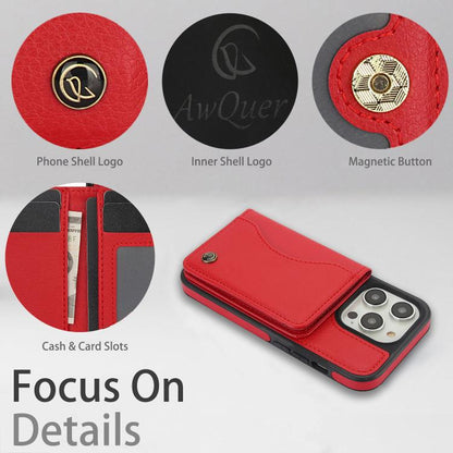 For iPhone 15 Pro AwQuer Horizontal Flip Card Bag Holder Leather Phone Case(Red)