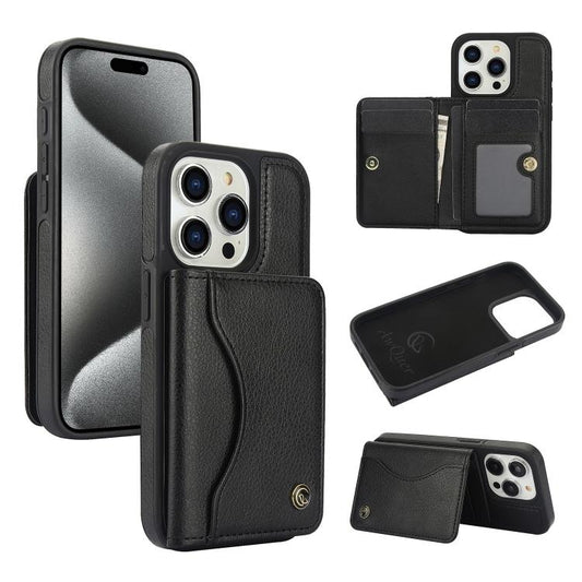 For iPhone 15 Pro Max AwQuer Horizontal Flip Card Bag Holder Leather Phone Case(Black)