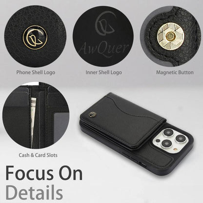 For iPhone 15 Pro Max AwQuer Horizontal Flip Card Bag Holder Leather Phone Case(Black)