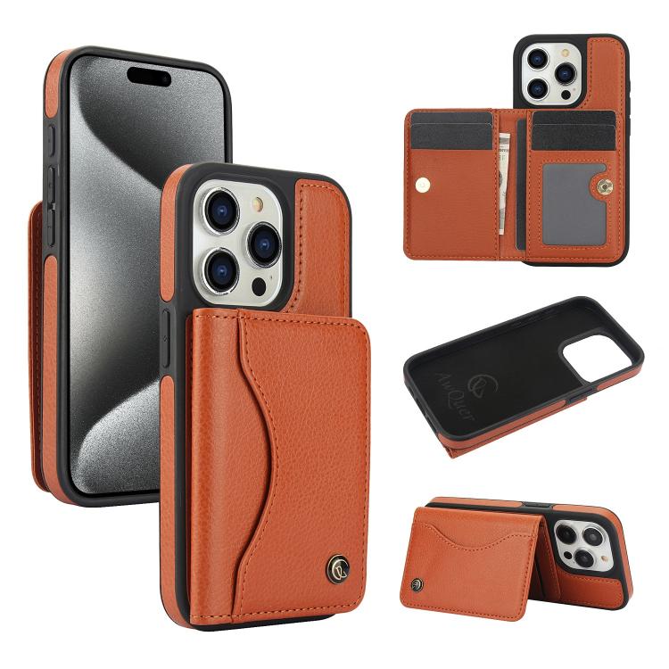 For iPhone 15 Pro Max AwQuer Horizontal Flip Card Bag Holder Leather Phone Case(Brown)