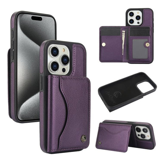 For iPhone 15 Pro Max AwQuer Horizontal Flip Card Bag Holder Leather Phone Case(Dark Purple)