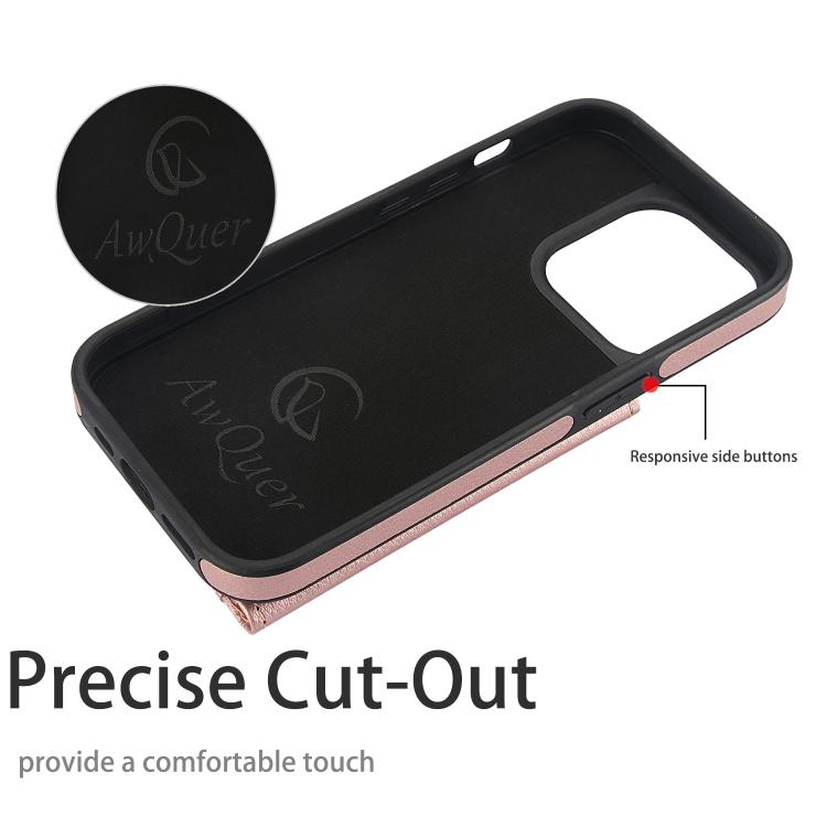 For iPhone 15 Pro Max AwQuer Horizontal Flip Card Bag Holder Leather Phone Case(Rose Gold)