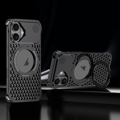 For iPhone 16 R-JUST RJ-64 Aromatherapy Heat Dissipation MagSafe Phone Case with Stand(Black)