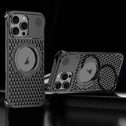 For iPhone 15 Pro Max R-JUST RJ-64 Aromatherapy Heat Dissipation MagSafe Phone Case with Stand(Black)