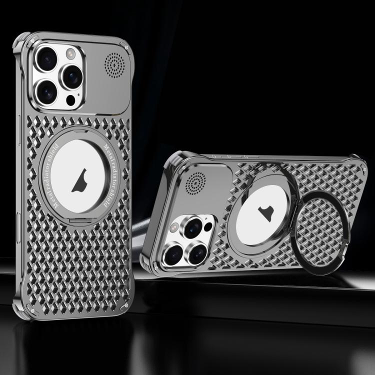 For iPhone 15 Pro R-JUST RJ-64 Aromatherapy Heat Dissipation MagSafe Phone Case with Stand(Grey)