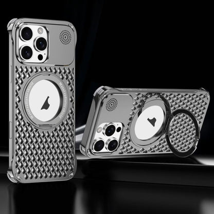 For iPhone 15 Pro R-JUST RJ-64 Aromatherapy Heat Dissipation MagSafe Phone Case with Stand(Grey)