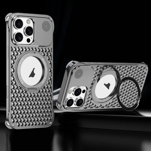 For iPhone 15 Pro R-JUST RJ-64 Aromatherapy Heat Dissipation MagSafe Phone Case with Stand(Grey)