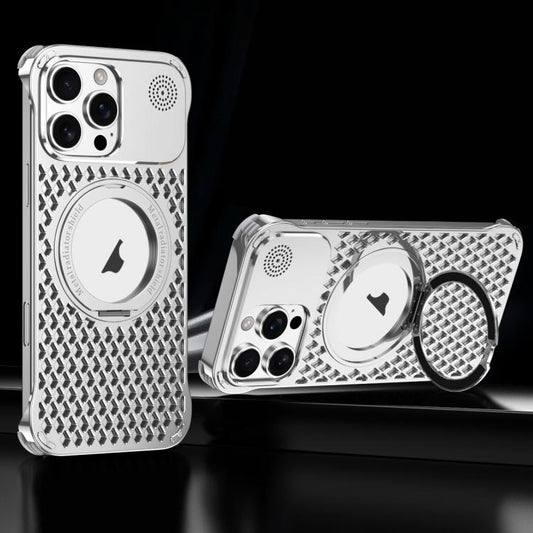 For iPhone 15 Pro R-JUST RJ-64 Aromatherapy Heat Dissipation MagSafe Phone Case with Stand(Silver)