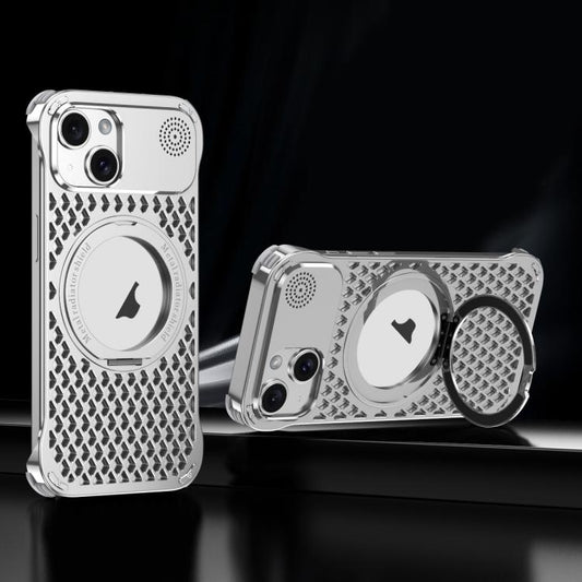 For iPhone 15 R-JUST RJ-64 Aromatherapy Heat Dissipation MagSafe Phone Case with Stand(Silver)