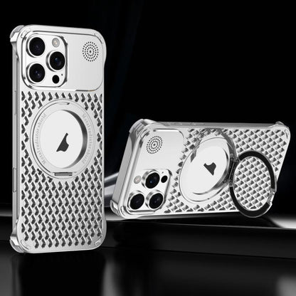 For iPhone 14 Pro Max R-JUST RJ-64 Aromatherapy Heat Dissipation MagSafe Phone Case with Stand(Silver)