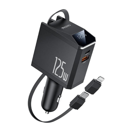 Chargeur de voiture 3 en 1 Yesido Y71 125 W Type-C + 8 broches avec câble rétractable (Noir)