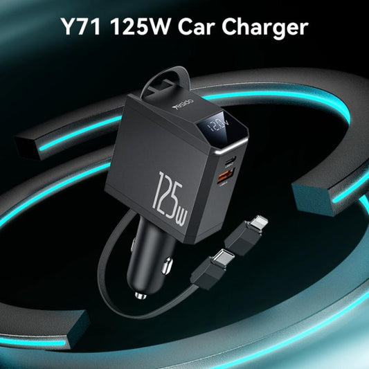 Chargeur de voiture 3 en 1 Yesido Y71 125 W Type-C + 8 broches avec câble rétractable (Noir)