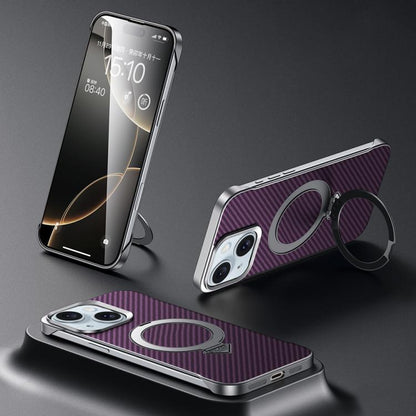For iPhone 15 SULADA Kevlar Texture MagSafe Magnetic Holder Phone Case(Purple)