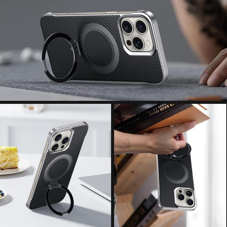 For iPhone 16 SULADA Kevlar Texture MagSafe Magnetic Holder Phone Case(Black)