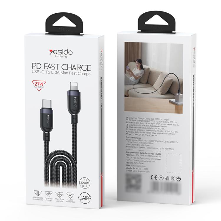 Yesido CA193 27W Type-C to 8 Pin Aluminum Alloy Data Cable, Length: 3m(Black)