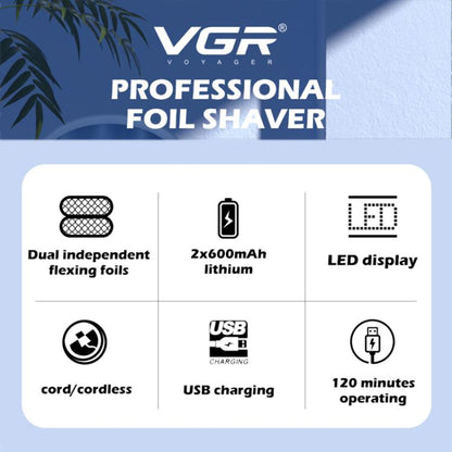 Rasoir électrique portable à grille VGR V-352 à deux têtes de coupe (noir transparent)