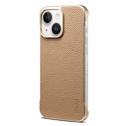 Pour iPhone 14 / 13 Denior A20 Véritable Cuir Texture Litchi Coque de Téléphone Sans Cadre MagSafe (Kaki)