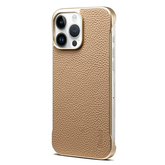 Pour iPhone 14 Pro Max Denior A20 Véritable Cuir Texture Litchi Coque de Téléphone sans Cadre MagSafe (Kaki)