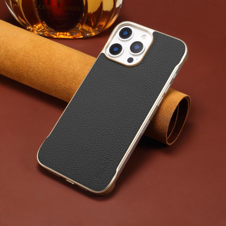 Pour iPhone 15 Plus / 14 Plus Denior A20 Véritable Cuir Texture Litchi Coque de Téléphone MagSafe Sans Cadre (Noir)
