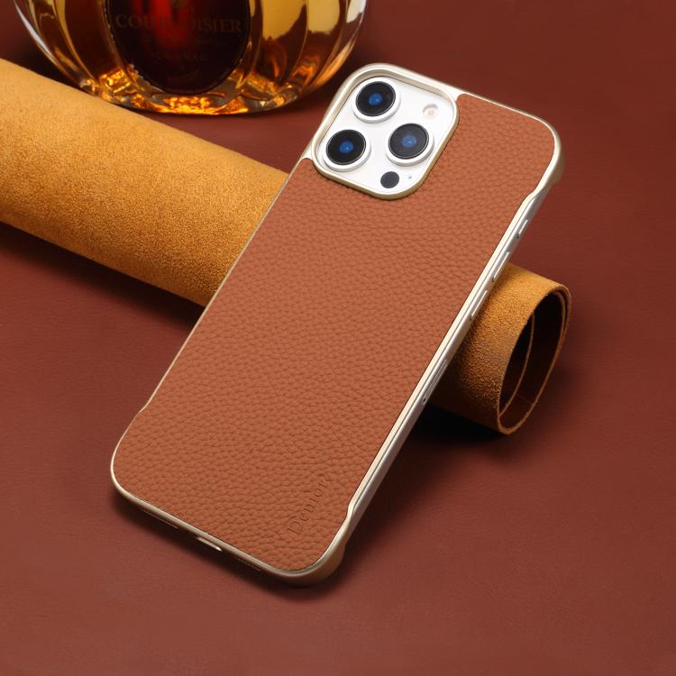 For iPhone 15 Plus / 14 Plus Denior A20 Genuine Leather Litchi Texture MagSafe Frameless Phone Case(Brown)