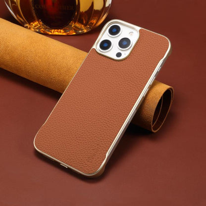 For iPhone 15 Plus / 14 Plus Denior A20 Genuine Leather Litchi Texture MagSafe Frameless Phone Case(Brown)