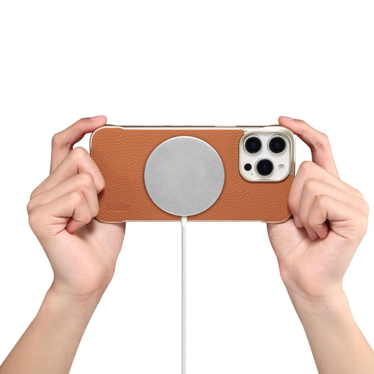 For iPhone 15 Plus / 14 Plus Denior A20 Genuine Leather Litchi Texture MagSafe Frameless Phone Case(Brown)