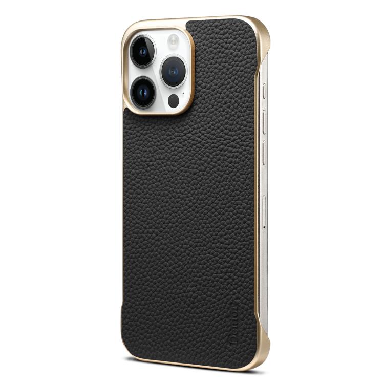 For iPhone 15 Pro Max Denior A20 Genuine Leather Litchi Texture MagSafe Frameless Phone Case(Black)