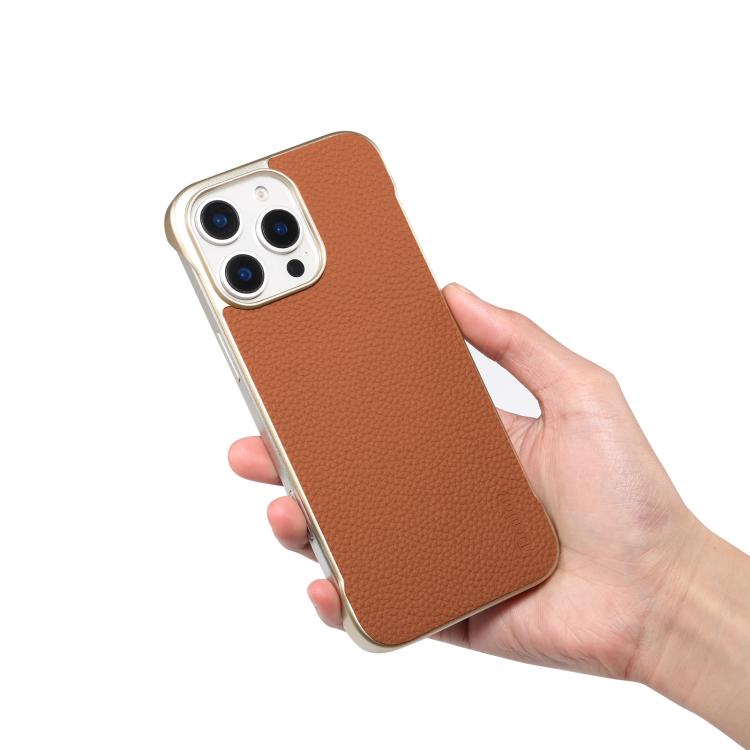 Pour iPhone 16 Denior A20 Étui de téléphone sans cadre en cuir véritable texturé litchi MagSafe (marron)