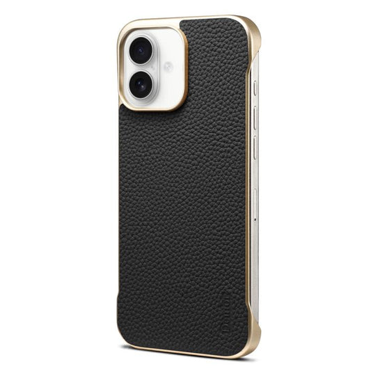 Pour iPhone 16 Plus Denior A20 Véritable cuir texture litchi MagSafe Coque de téléphone sans cadre (Noir)