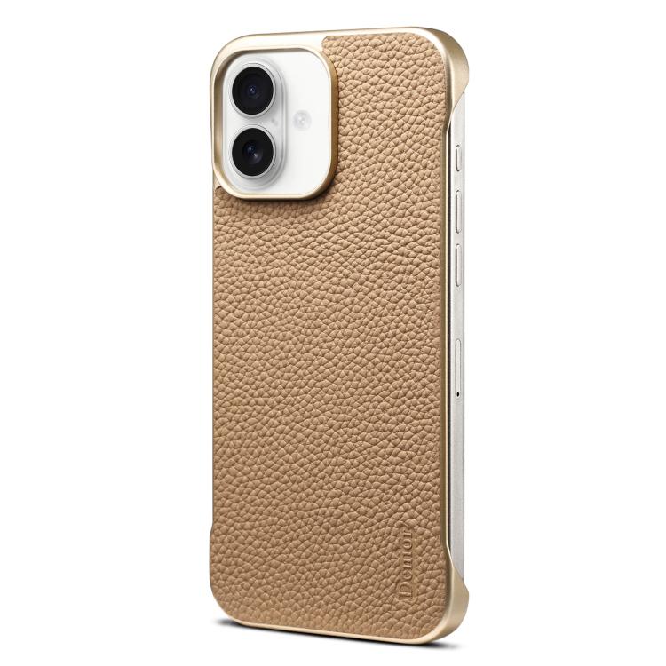 For iPhone 16 Plus Denior A20 Genuine Leather Litchi Texture MagSafe Frameless Phone Case(Khaki)