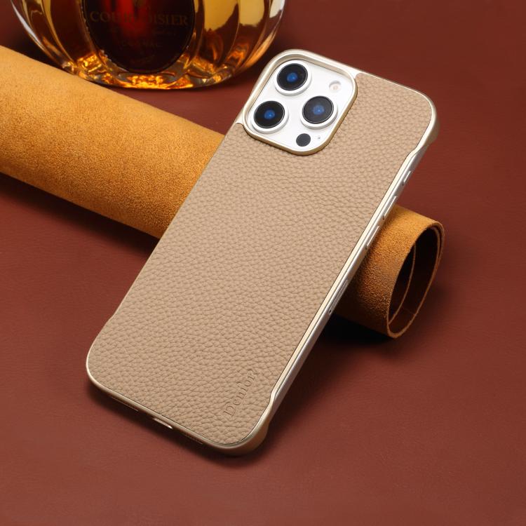 For iPhone 16 Plus Denior A20 Genuine Leather Litchi Texture MagSafe Frameless Phone Case(Khaki)