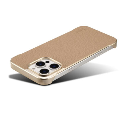 For iPhone 16 Plus Denior A20 Genuine Leather Litchi Texture MagSafe Frameless Phone Case(Khaki)