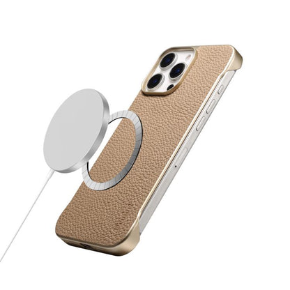 For iPhone 16 Plus Denior A20 Genuine Leather Litchi Texture MagSafe Frameless Phone Case(Khaki)