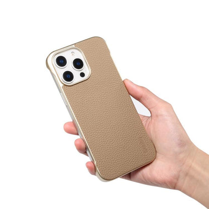 For iPhone 16 Plus Denior A20 Genuine Leather Litchi Texture MagSafe Frameless Phone Case(Khaki)