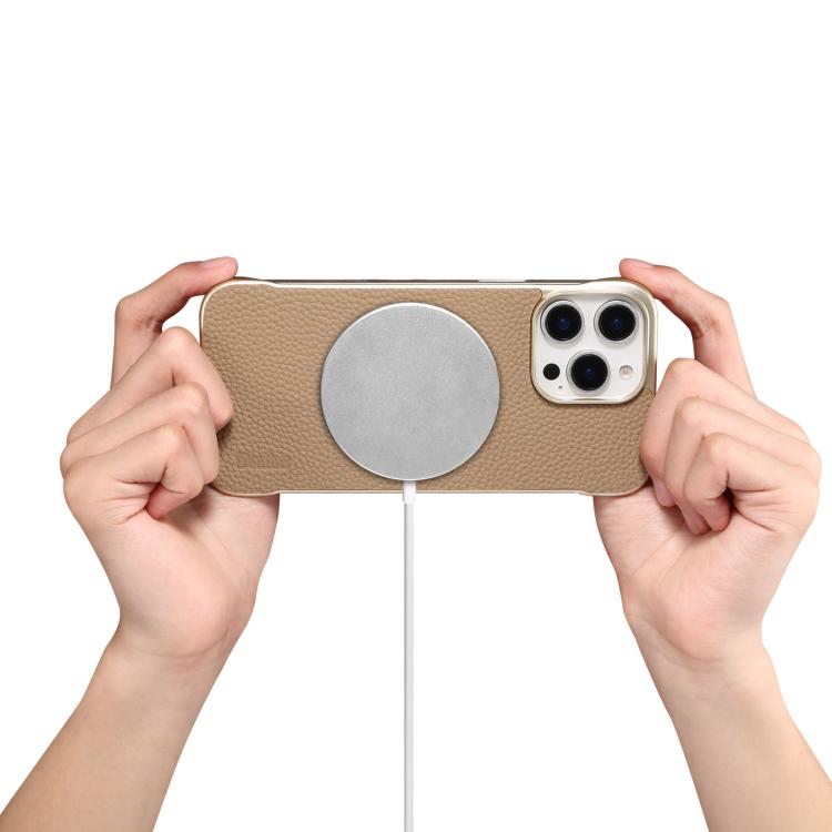 For iPhone 16 Plus Denior A20 Genuine Leather Litchi Texture MagSafe Frameless Phone Case(Khaki)