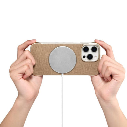 For iPhone 16 Plus Denior A20 Genuine Leather Litchi Texture MagSafe Frameless Phone Case(Khaki)