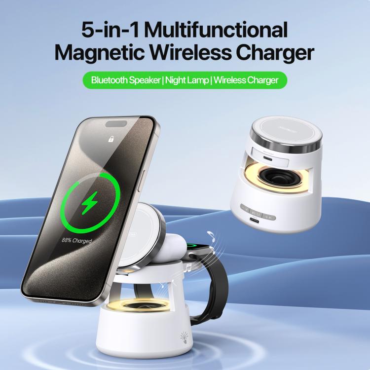 DUZZONA W23 5 in 1 Magnetic Wireless Charger with Bluetooth Speaker(White)