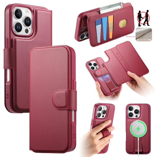 Pour étui iPhone 16 Pro MaxÉtui de téléphone en cuir MagSafe avec dragonne Neo Finger Grip (rouge)