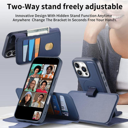 For iPhone 16 Pro CaseNeo Finger Grip Strap MagSafe Leather Phone Case(Blue)
