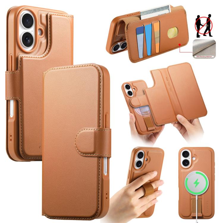 For iPhone 16 Plus CaseNeo Finger Grip Strap MagSafe Leather Phone Case(Brown)