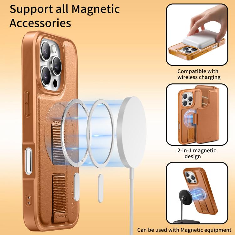 For iPhone 16 Plus CaseNeo Finger Grip Strap MagSafe Leather Phone Case(Brown)