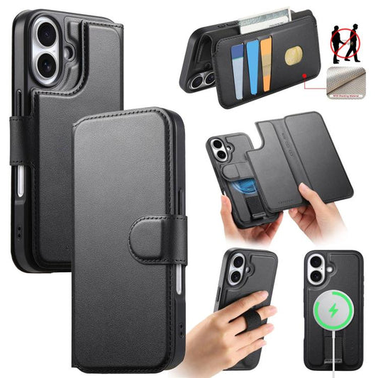 Pour iPhone 16 PlusCoque en cuir MagSafe avec dragonne Neo Finger Grip (Noir)