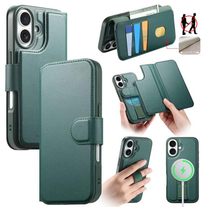 For iPhone 16 Plus CaseNeo Finger Grip Strap MagSafe Leather Phone Case(Green)