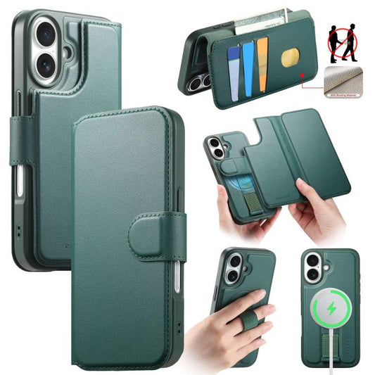 Pour étui iPhone 16 PlusCoque de téléphone en cuir Neo Finger Grip Strap MagSafe (Vert)