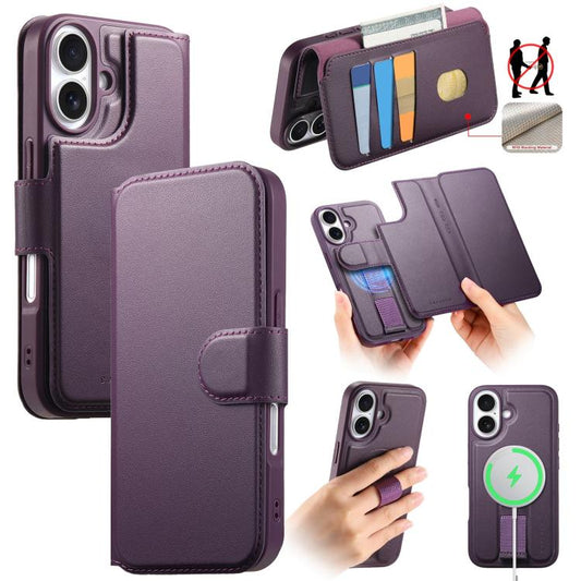 Coque iPhone 16 PlusCoque de téléphone en cuir Neo Finger Grip Strap MagSafe (Violet)