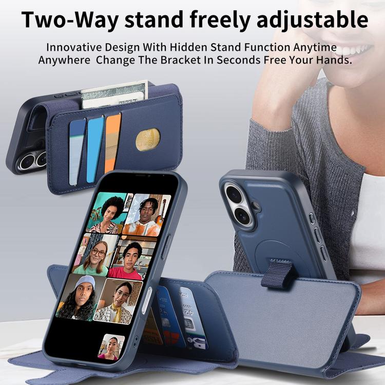 For iPhone 16 Plus CaseNeo Finger Grip Strap MagSafe Leather Phone Case(Blue)