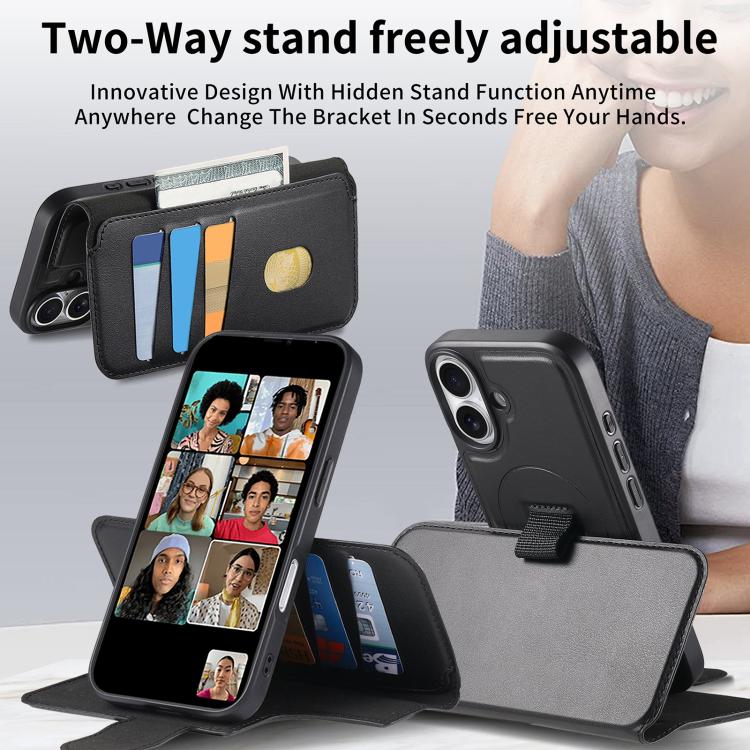 For iPhone 16 CaseNeo Finger Grip Strap MagSafe Leather Phone Case(Black)